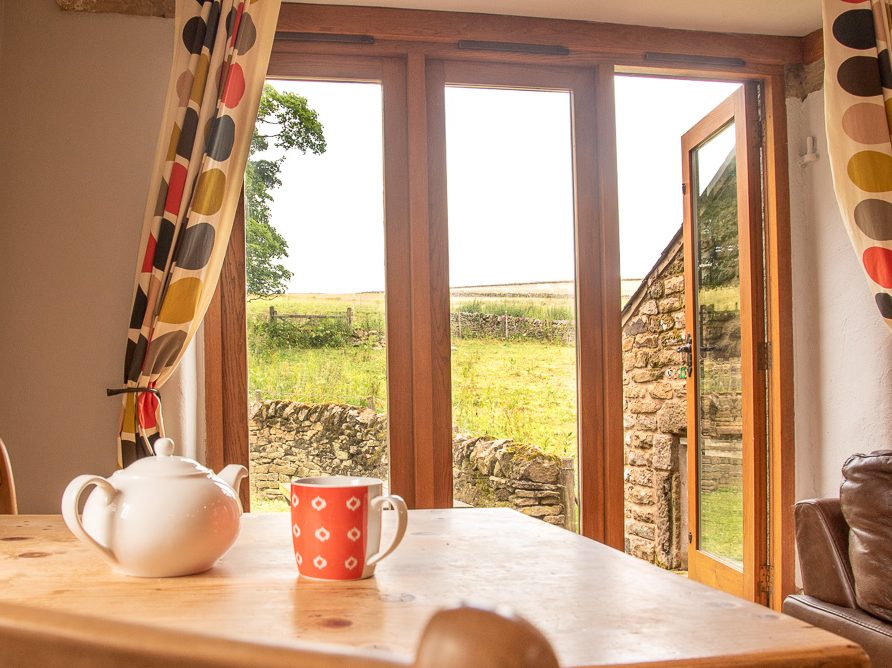 Irishman's cottage livingroom with a view of the countryside